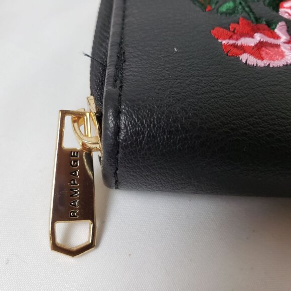 Rampage Black Pebbled Faux Leather Zip Around Wallet w/Embroidered Red Flowers - Picture 3 of 10